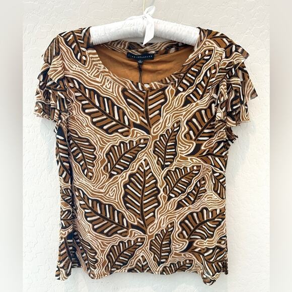 🆕 JANE & DELANCEY | Stretchy Modern Leaf Print Ruffle Sleeve Artsy Top | Large - Picture 1 of 8